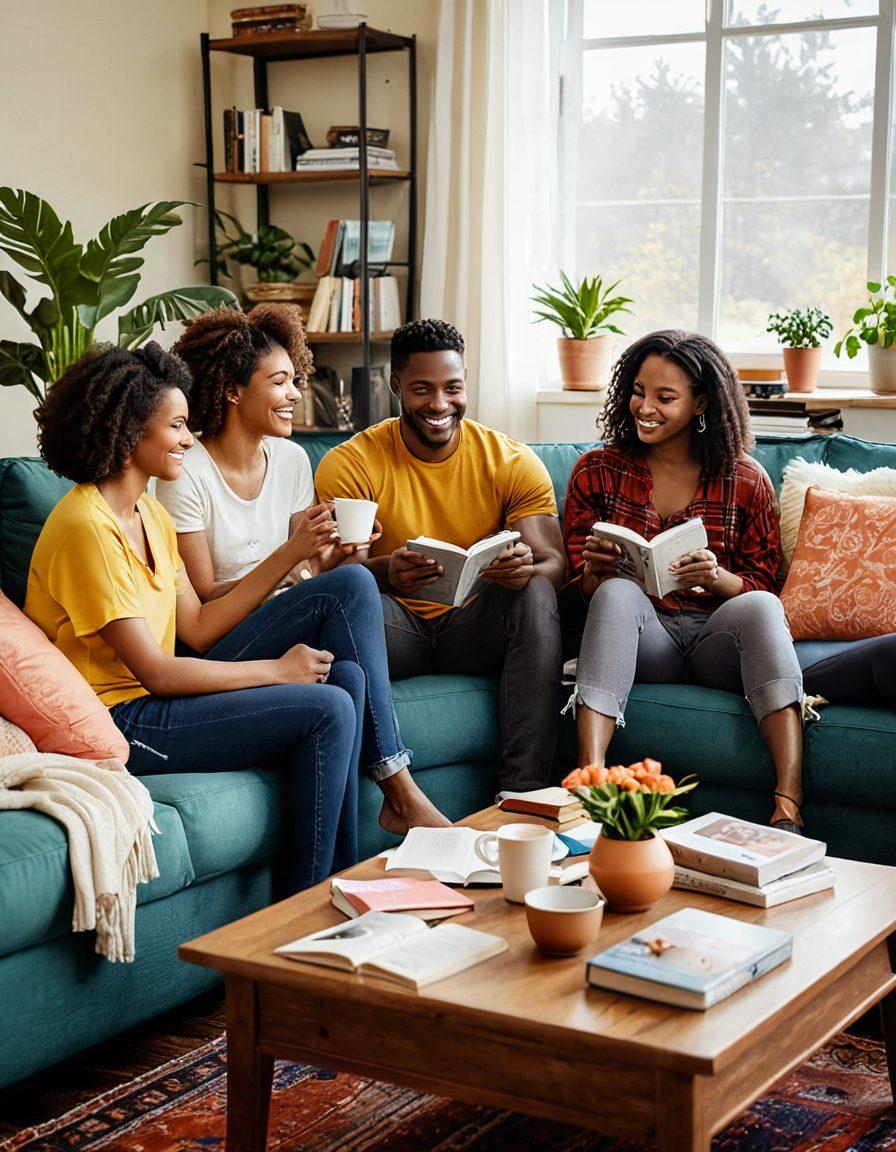An illustrative scene of diverse couples engaging in open communication in a cozy, warmly-lit environment. Include educational materials like books and pamphlets on sexual wellness scattered on a coffee table. Showcase elements of trust and connection, such as holding hands and gentle smiles. Incorporate vibrant colors and soft textures to create a welcoming atmosphere. super-realistic. warm tones. 3D.